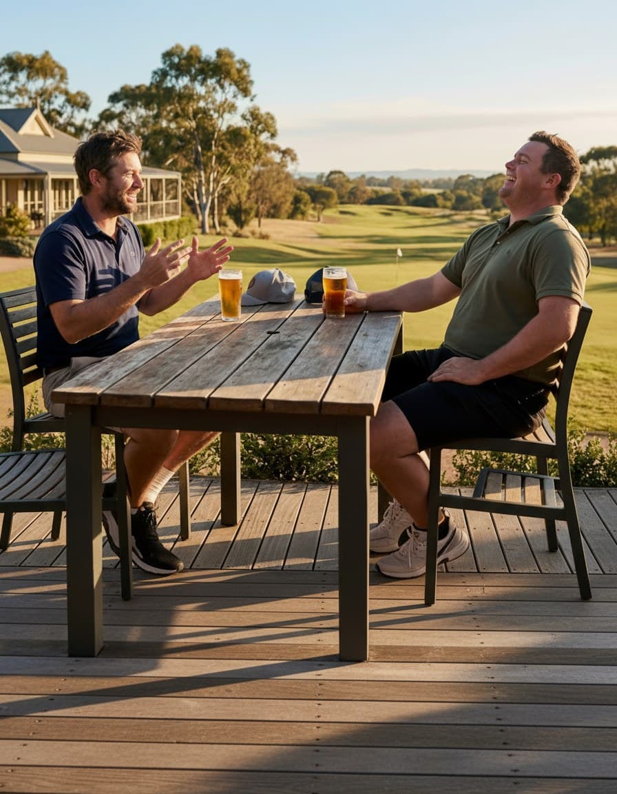 Two mates at a table with a beer after golf