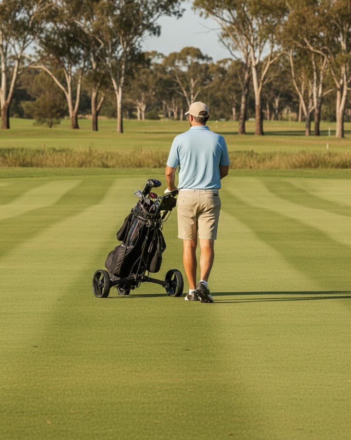 A golfer pushing a buggy across a fairway