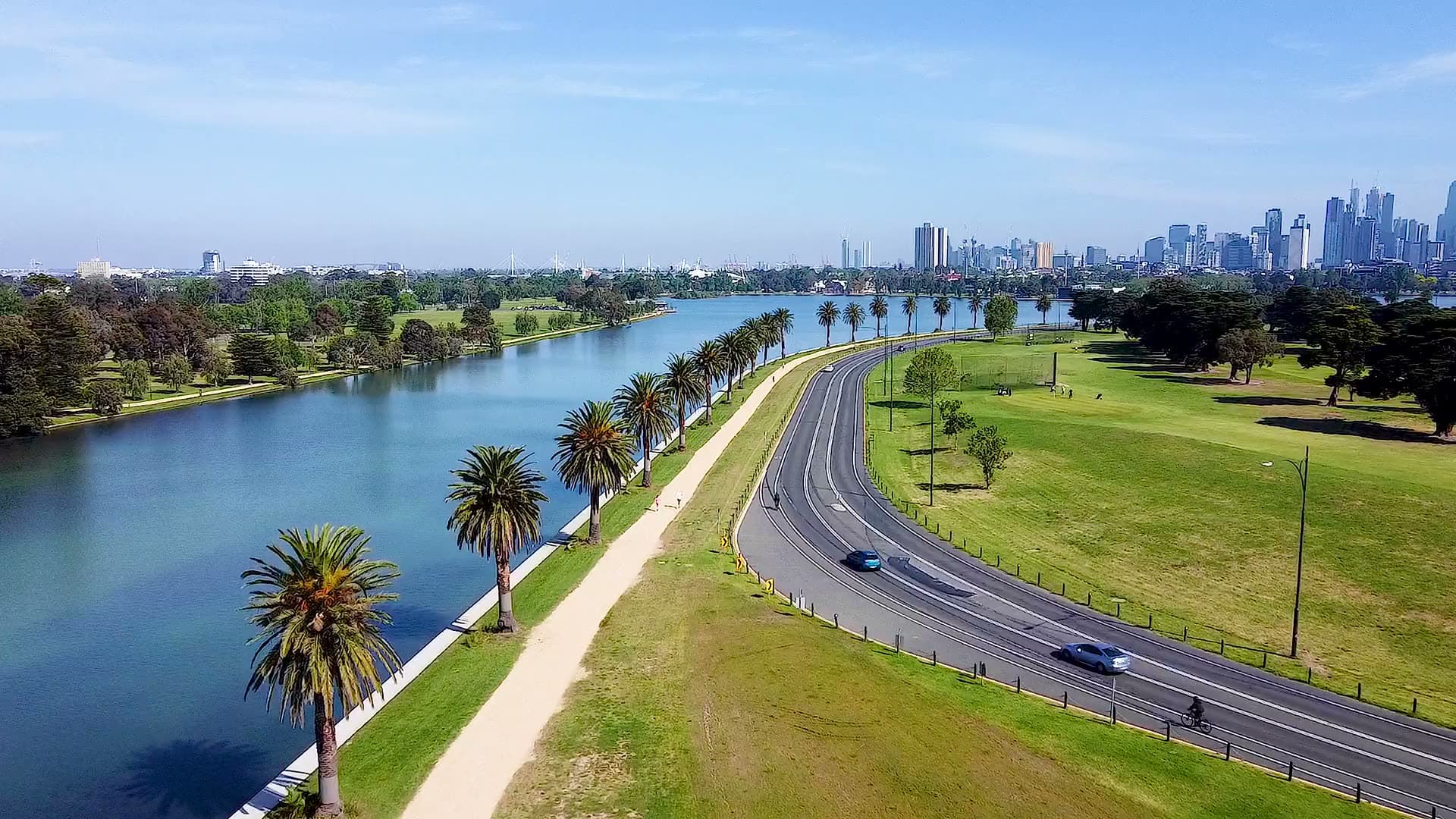 Albert Park Lake and the Melbourne skyline from the air